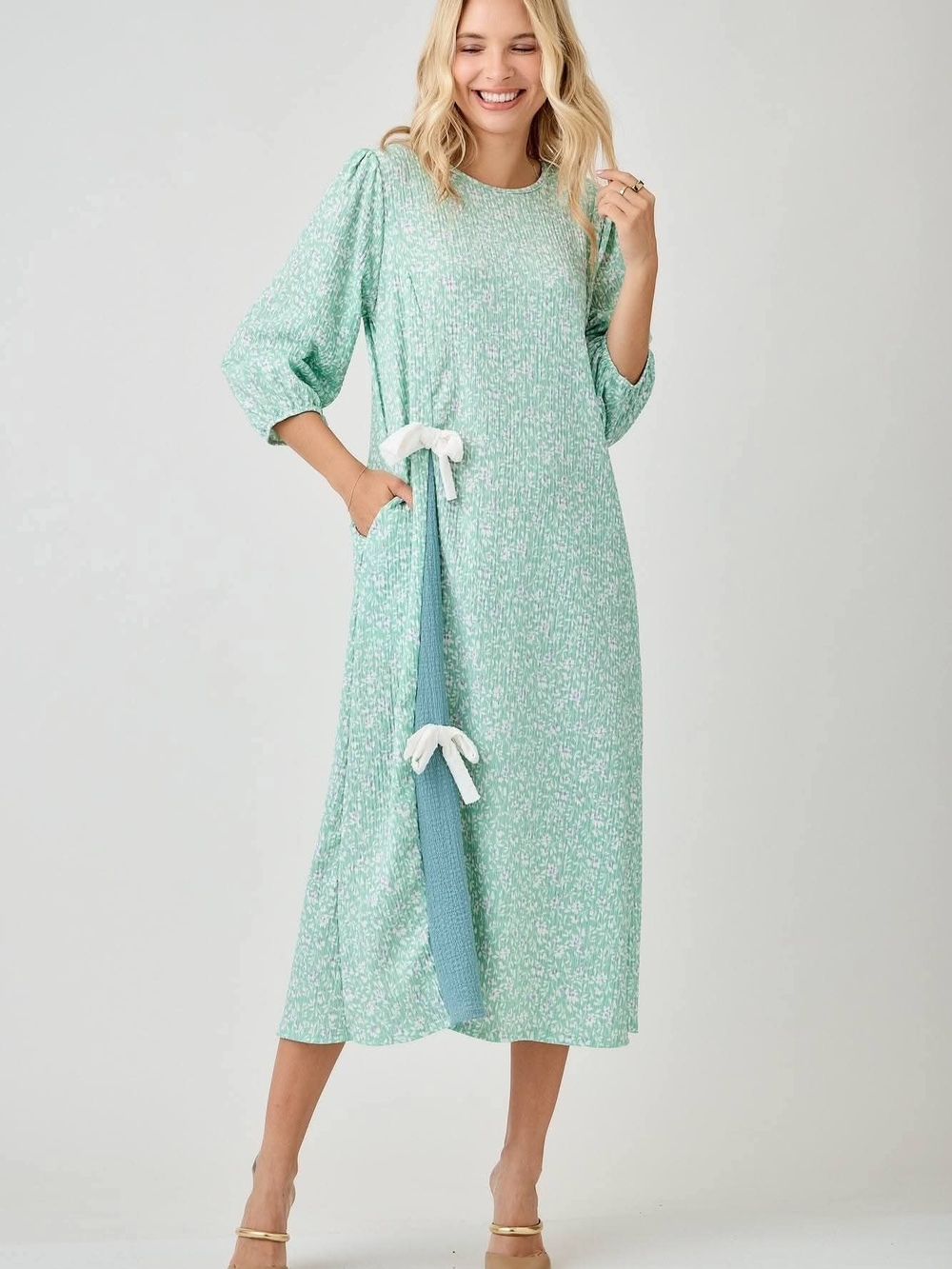 Celeste Mint Green Floral Tie-Accent Midi Dress